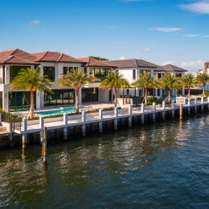 Aerial drone view of Harbor Beach neighborhood in Fort Lauderdale, new river front mansions, modern buildings, towers, blue sky